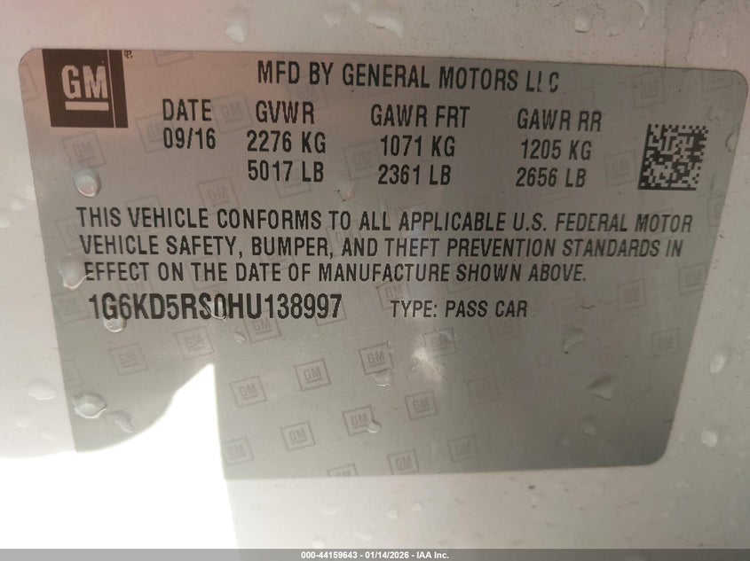 2017 Cadillac Ct6 Luxury VIN: 1G6KD5RS0HU138997 Lot: 44159643