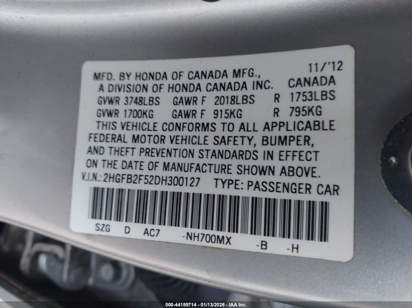 2013 Honda Civic Lx VIN: 2HGFB2F52DH300127 Lot: 44159714