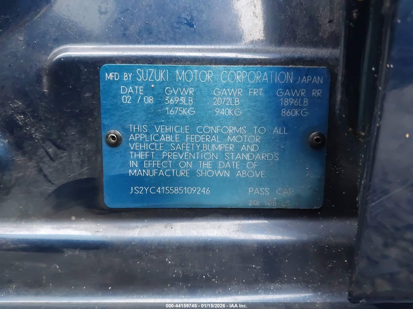 2008 Suzuki Sx4 Sport Convenience/Sport Road Trip Edition Touring 2 VIN: JS2YC415585109246 Lot: 44159745