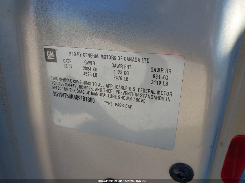 2008 Chevrolet Impala Lt VIN: 2G1WT58K489181800 Lot: 44159959