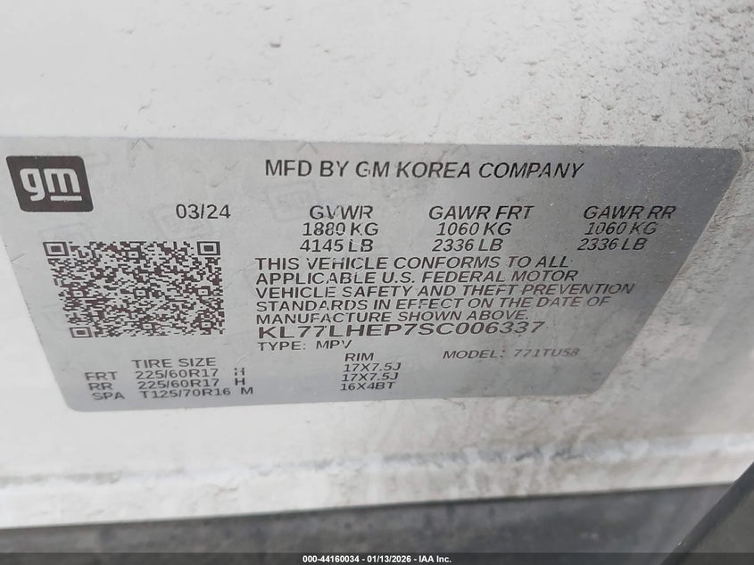 2025 CHEVROLET TRAX 1.2L I-3 DI, DOHC, V(VIN: KL77LHEP7SC006337