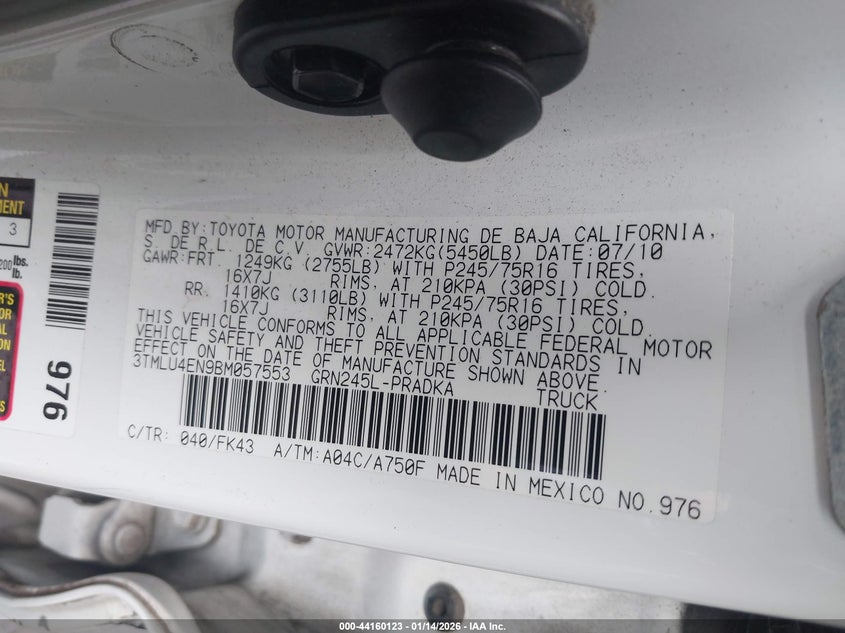 2011 Toyota Tacoma Base V6 VIN: 3TMLU4EN9BM057553 Lot: 44160123