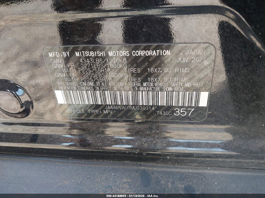 2021 MITSUBISHI OUTLANDER SPORT 2.0L I-4 DOHC, VVT, (VIN: JA4APVAU7MU030314
