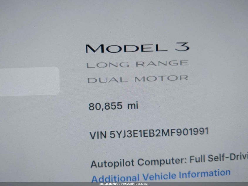 2021 Tesla Model 3 Long Range Dual Motor All-Wheel Drive VIN: 5YJ3E1EB2MF901991 Lot: 44160922