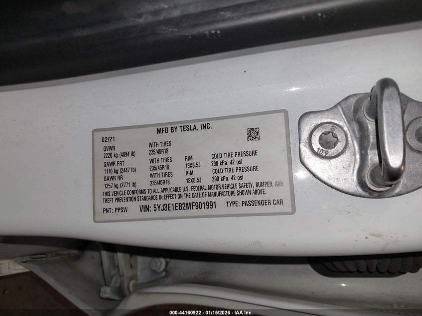 2021 Tesla Model 3 Long Range Dual Motor All-Wheel Drive VIN: 5YJ3E1EB2MF901991 Lot: 44160922