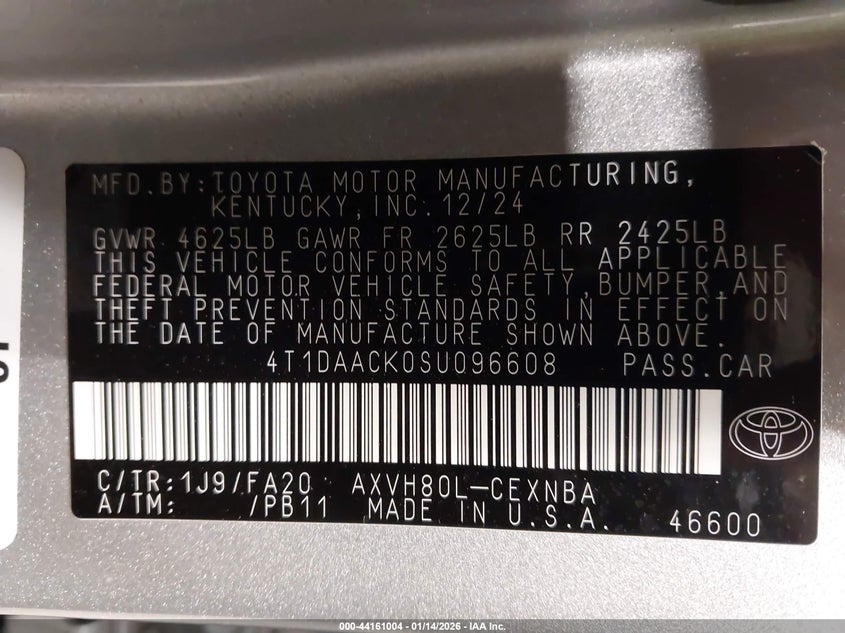 2025 TOYOTA CAMRY 2.5L I-4 DI, DOHC, V(VIN: 4T1DAACK0SU096608