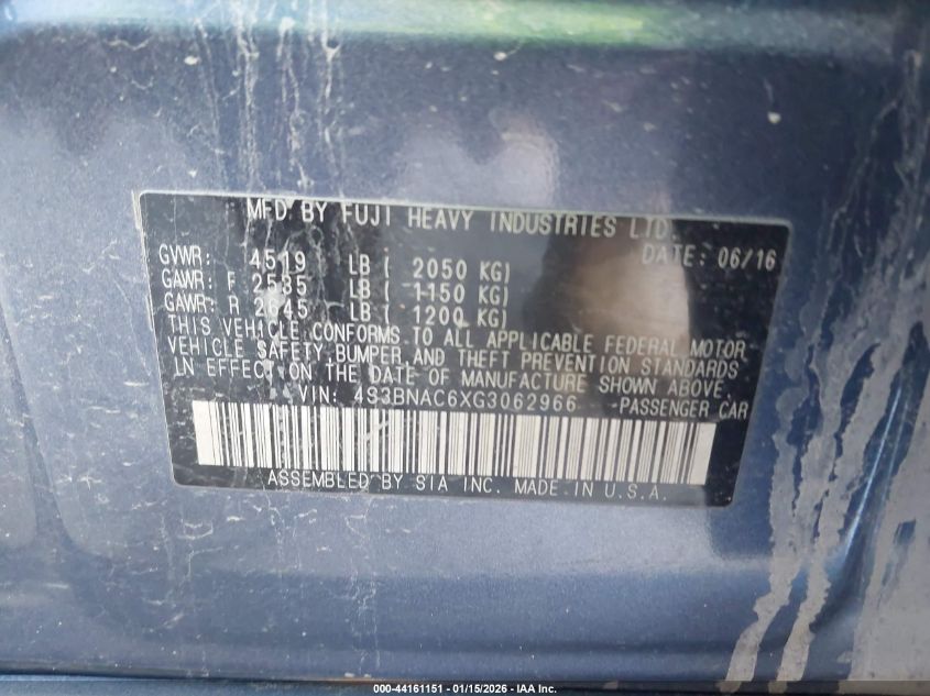 2016 Subaru Legacy 2.5I Premium VIN: 4S3BNAC6XG3062966 Lot: 44161151