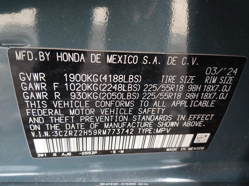VIN 3CZRZ2H59RM773742 2024 HONDA HR-V AWD SPORT/AWD SPORT W/O BSI