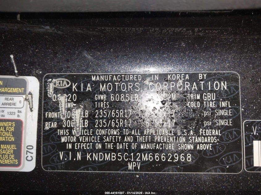 2021 KIA SEDONA 3.3L V-6 DI, DOHC, V(VIN: KNDMB5C12M6662968