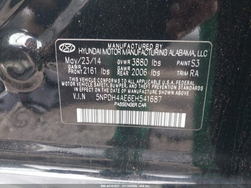 2014 Hyundai Elantra Se VIN: 5NPDH4AE6EH541687 Lot: 44161621