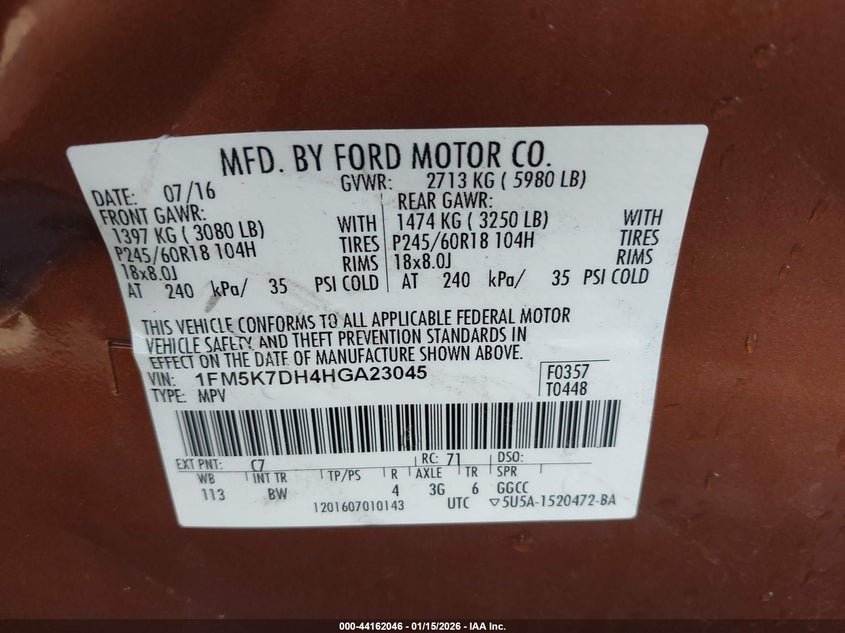 2017 Ford Explorer Xlt VIN: 1FM5K7DH4HGA23045 Lot: 44162046