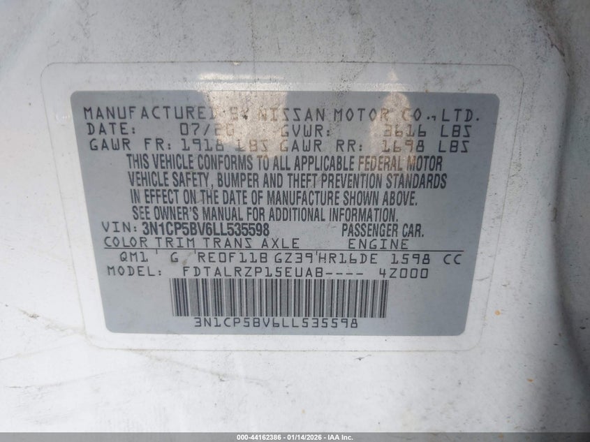 2020 Nissan Kicks S Xtronic Cvt VIN: 3N1CP5BV6LL535598 Lot: 44162386