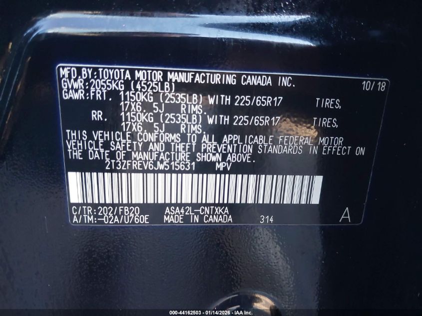 2018 Toyota Rav4 Le VIN: 2T3ZFREV6JW515631 Lot: 44162503