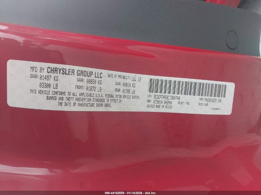 2012 Fiat 500 Pop VIN: 3C3CFFAR3CT380748 Lot: 44162559