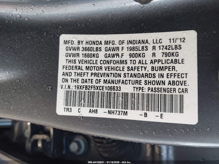 2012 Honda Civic Lx VIN: 19XFB2F5XCE106633 Lot: 44162621