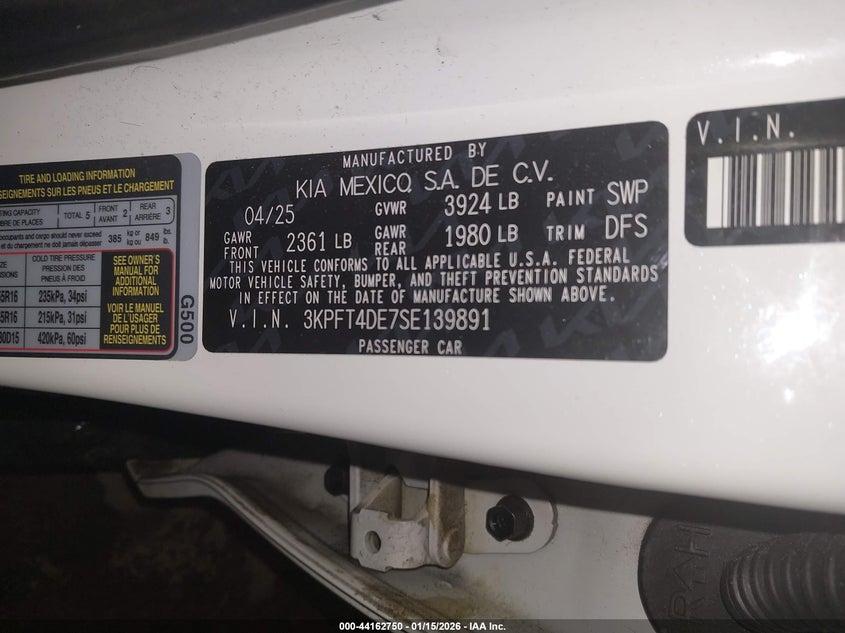 2025 KIA K4 2.0L I-4 DOHC, VVT, (VIN: 3KPFT4DE7SE139891
