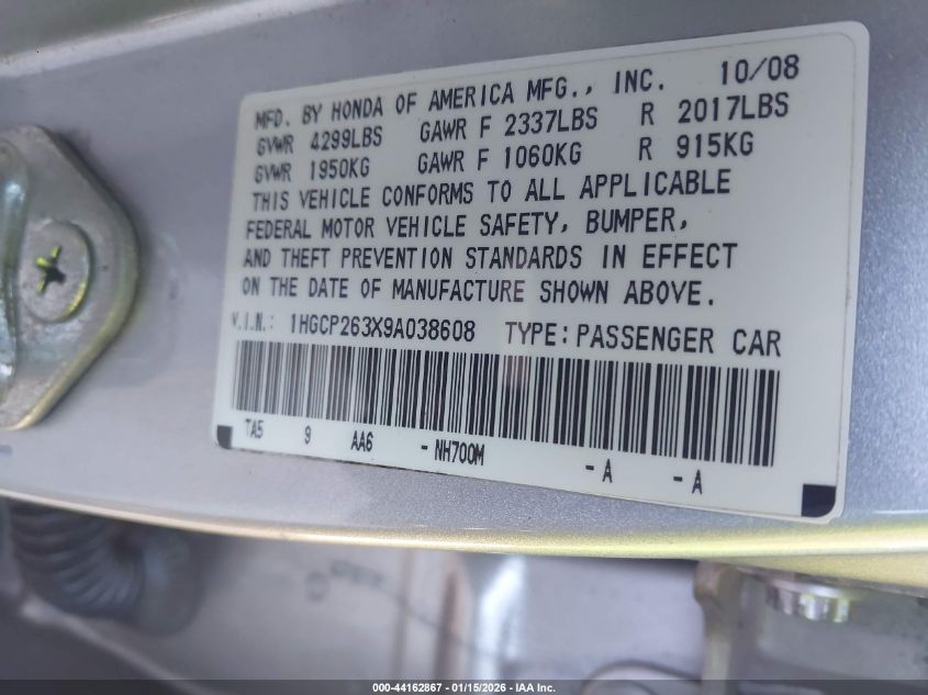 2009 Honda Accord 2.4 Lx VIN: 1HGCP263X9A038608 Lot: 44162867