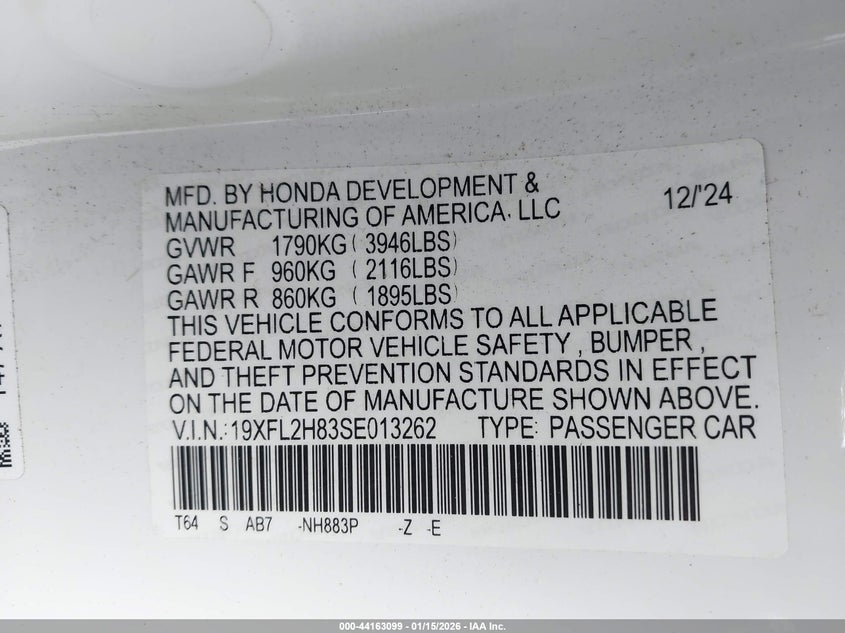 2025 HONDA CIVIC SEDAN 2.0L I-4 DI, DOHC, V(VIN: 19XFL2H83SE013262