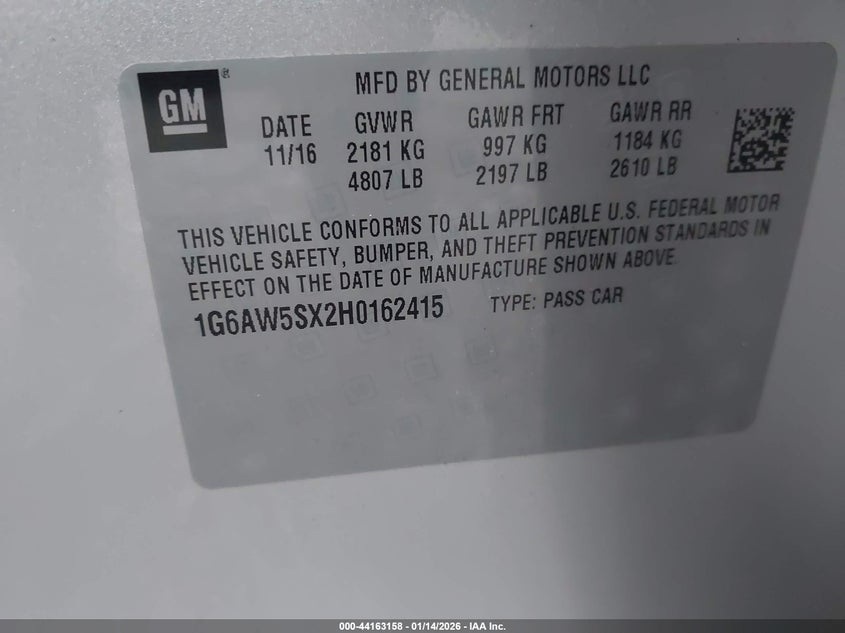 2017 Cadillac Cts Awd VIN: 1G6AW5SX2H0162415 Lot: 44163158