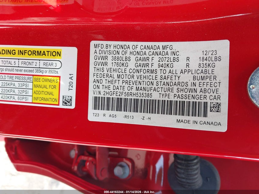 2024 HONDA CIVIC 2.0L I-4 DI, DOHC, V(VIN: 2HGFE2F56RH535385