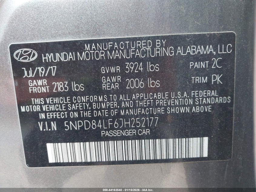 VIN 5NPD84LF6JH252177 2018 HYUNDAI ELANTRA SEL