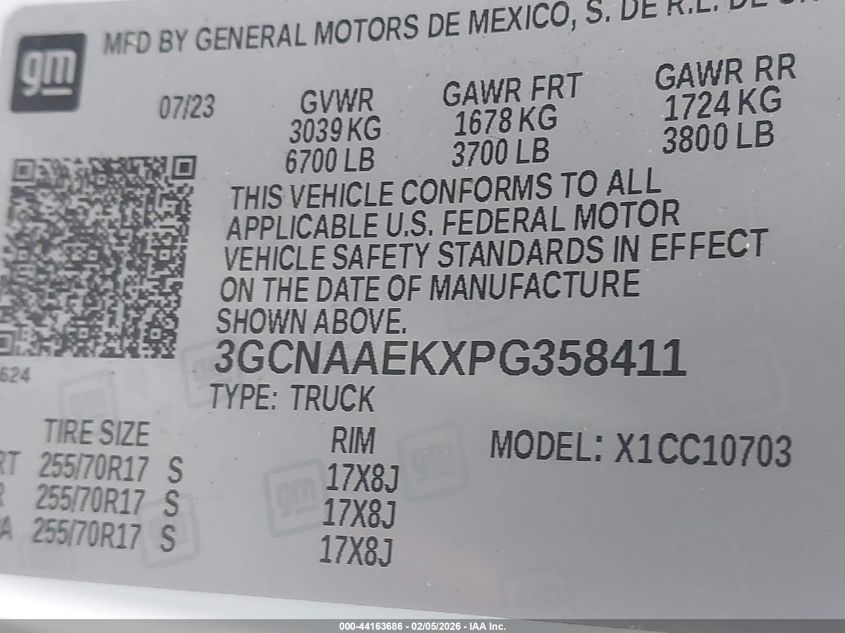 2023 Chevrolet Silverado 1500 2Wd Standard Bed Wt VIN: 3GCNAAEKXPG358411 Lot: 44163686