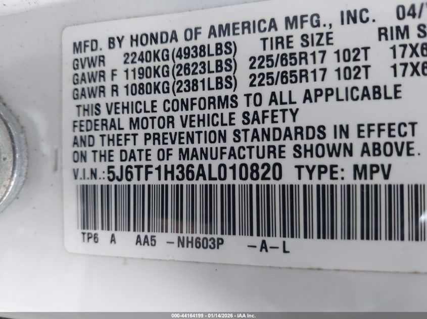 2010 Honda Accord Crosstour Ex VIN: 5J6TF1H36AL010820 Lot: 44164199