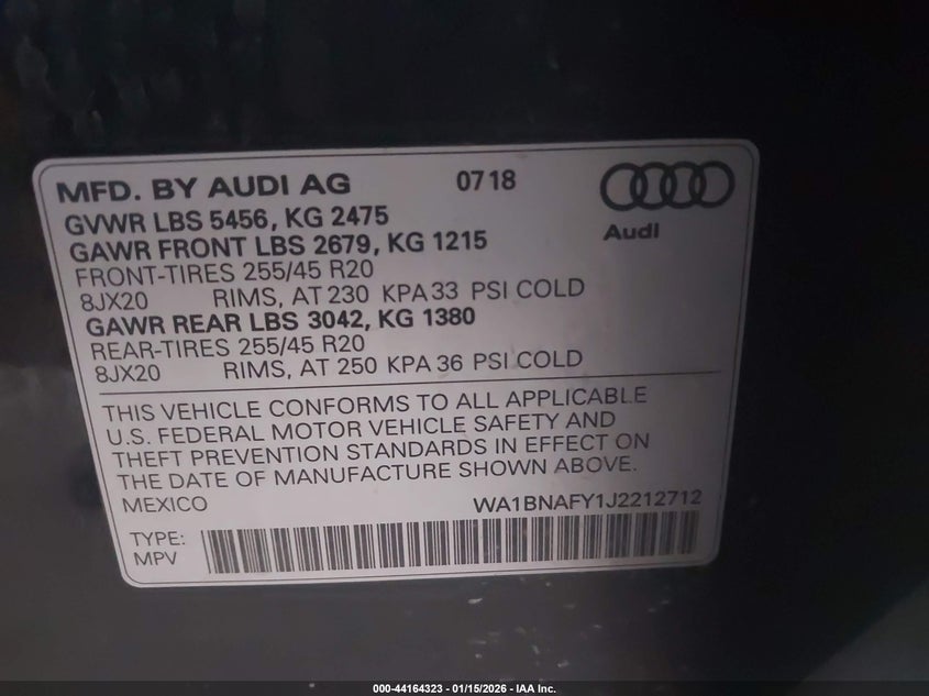 2018 Audi Q5 2.0T Premium/2.0T Tech Premium VIN: WA1BNAFY1J2212712 Lot: 44164323