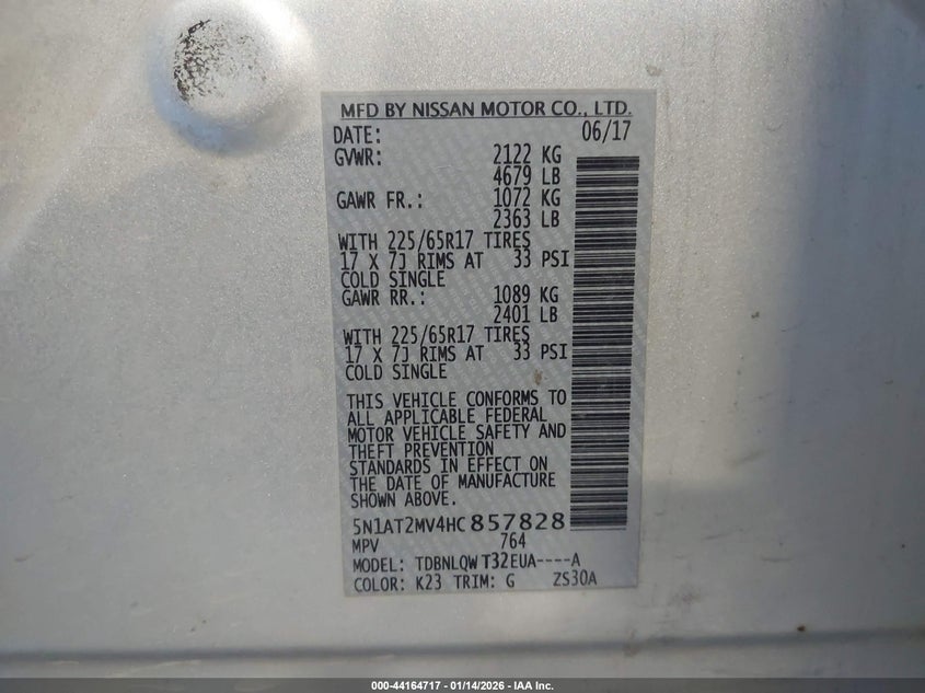 2017 Nissan Rogue Sv VIN: 5N1AT2MV4HC857828 Lot: 44164717