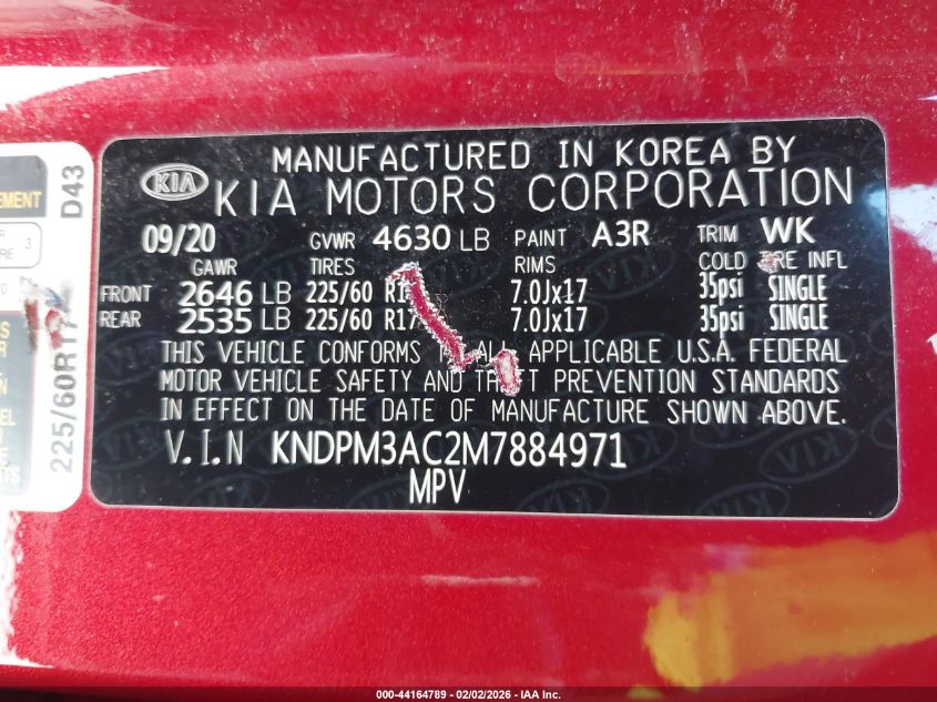 2021 Kia Sportage Lx VIN: KNDPM3AC2M7884971 Lot: 44164789