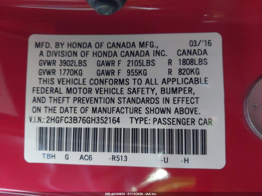 2016 HONDA CIVIC COUPE 1.5L I-4 DI, DOHC, VVT, TURBO, 174HP
