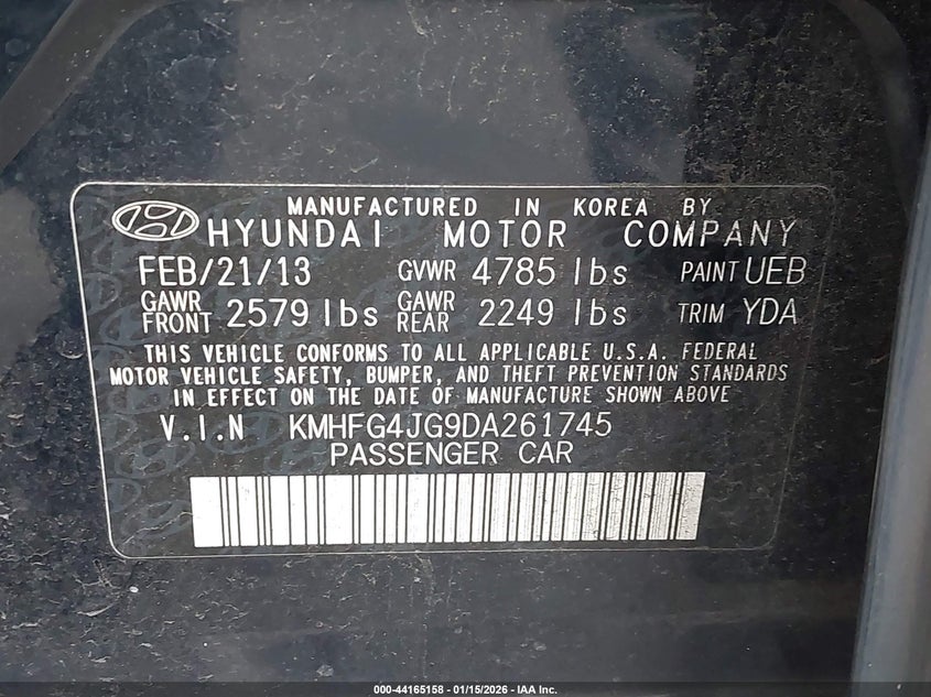 2013 Hyundai Azera VIN: KMHFG4JG9DA261745 Lot: 44165158