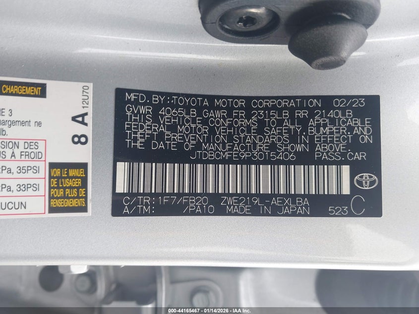VIN JTDBCMFE9P3015406 2023 TOYOTA COROLLA HYBRID LE