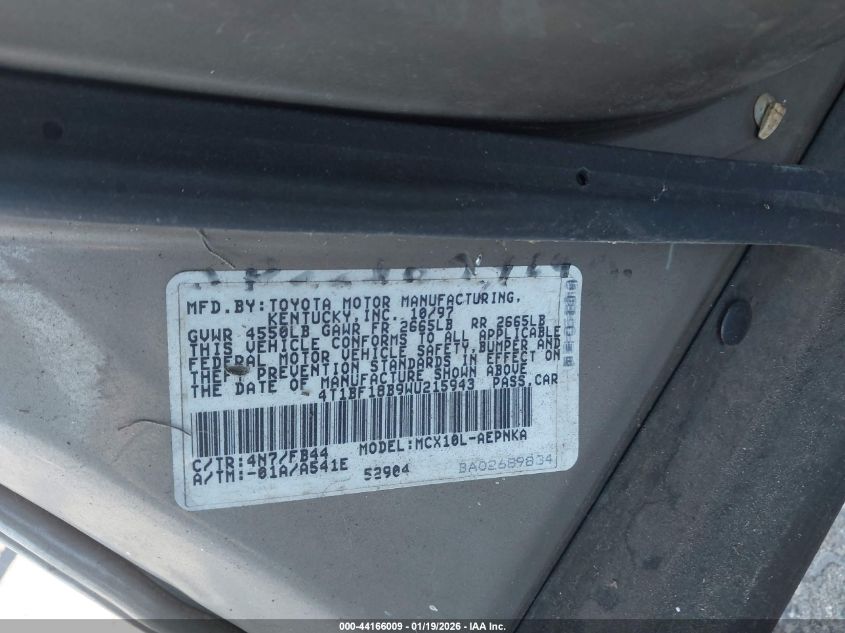 1998 Toyota Avalon Xl VIN: 4T1BF18B9WU215943 Lot: 44166009