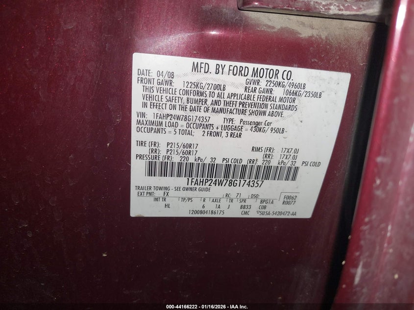 2008 Ford Taurus Sel VIN: 1FAHP24W78G174357 Lot: 44166222