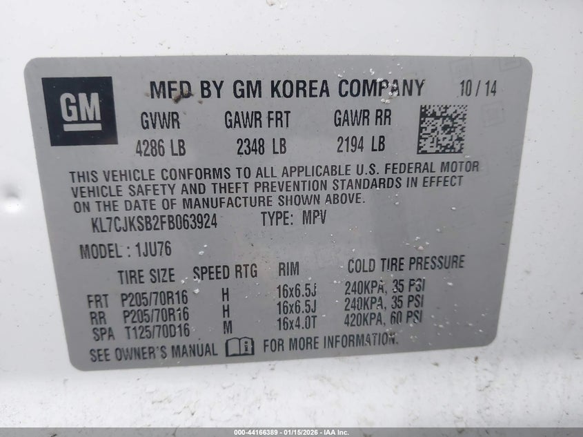 2015 Chevrolet Trax 1Ls VIN: KL7CJKSB2FB063924 Lot: 44166389