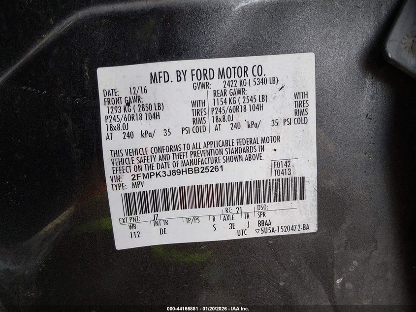 VIN 2FMPK3J89HBB25261 2017 FORD EDGE SEL