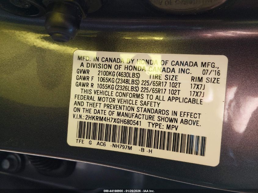 2016 Honda Cr-V Ex-L VIN: 2HKRM4H7XGH680541 Lot: 44166900