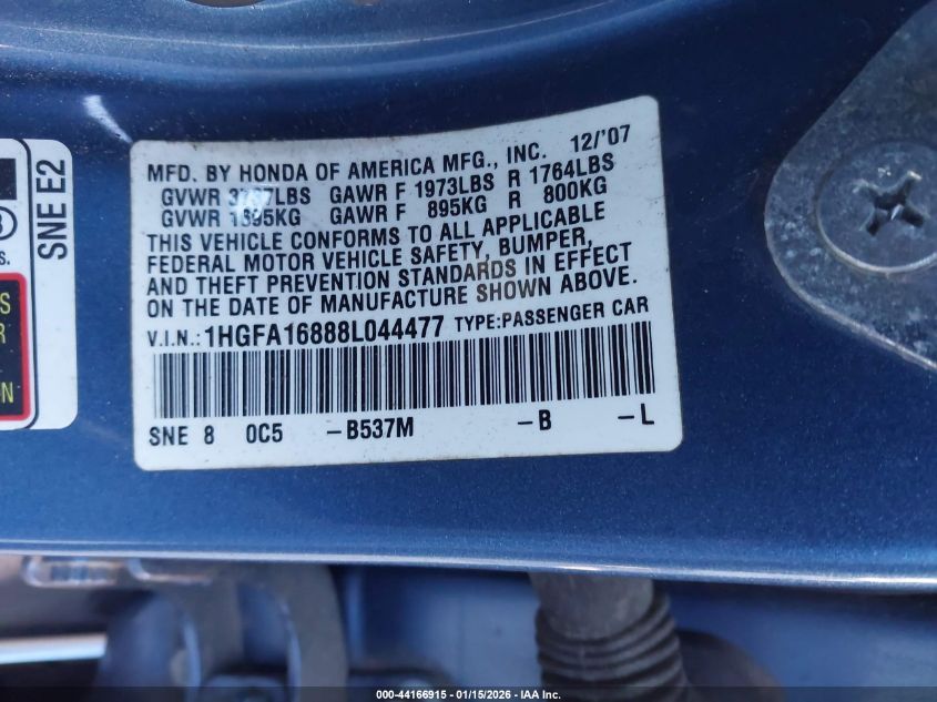 2008 Honda Civic Ex VIN: 1HGFA16888L044477 Lot: 44166915