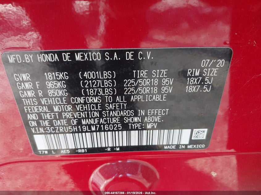 VIN 3CZRU5H19LM716025 2020 HONDA HR-V 2WD SPORT