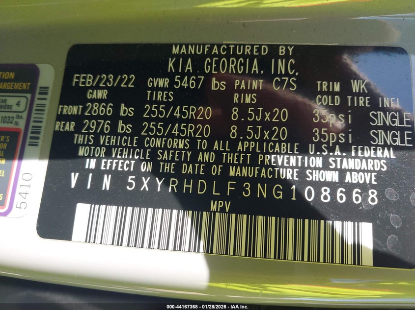 2022 Kia Sorento X-Line Ex VIN: 5XYRHDLF3NG108668 Lot: 44167368