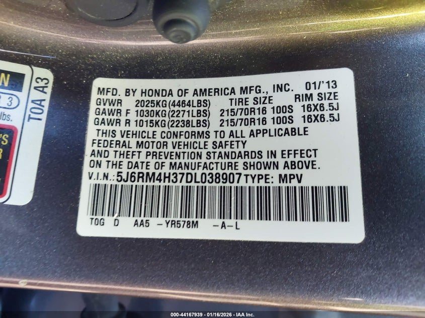 2013 Honda Cr-V Lx VIN: 5J6RM4H37DL038907 Lot: 44167939