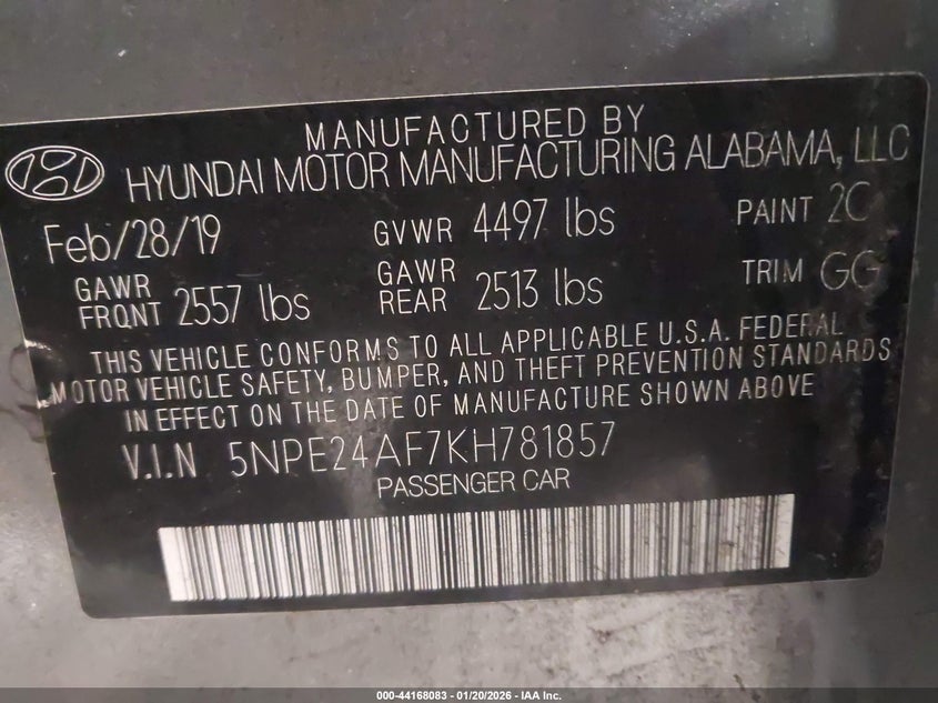 VIN 5NPE24AF7KH781857 2019 HYUNDAI SONATA SE