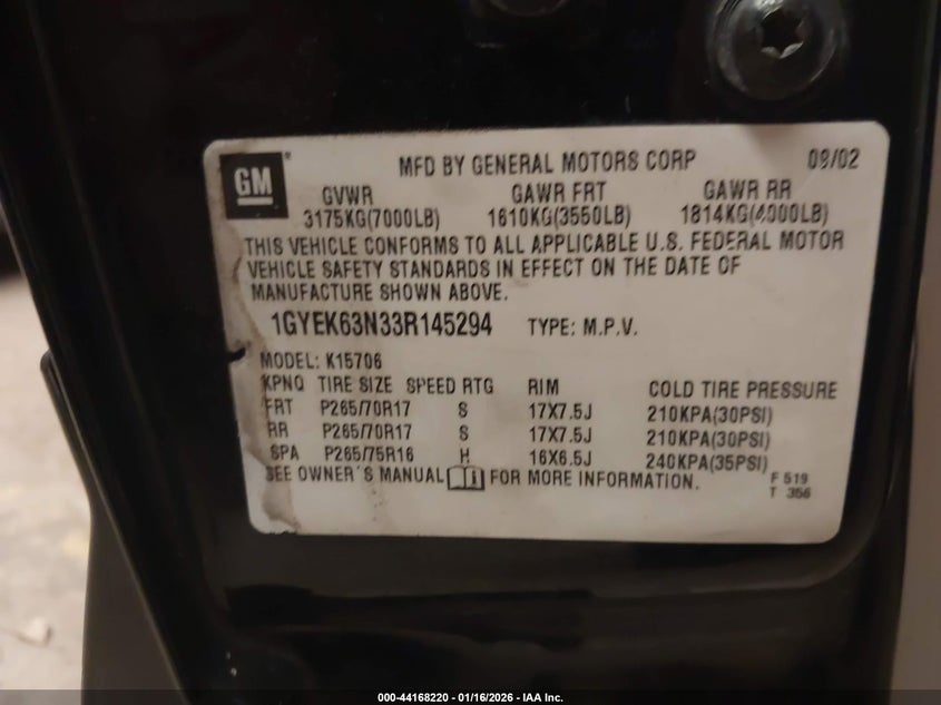 2003 Cadillac Escalade Standard VIN: 1GYEK63N33R145294 Lot: 44168220