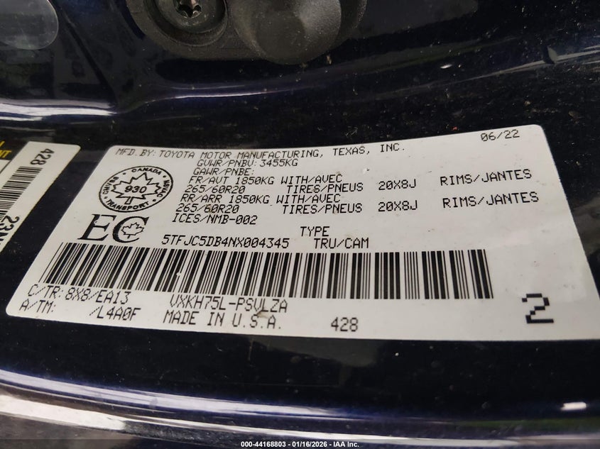 2022 Toyota Tundra Hybrid Limited VIN: 5TFJC5DB4NX004345 Lot: 44168803