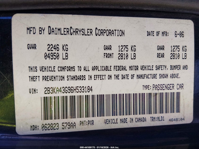 2006 Dodge Charger VIN: 2B3KA43G96H533184 Lot: 44169175