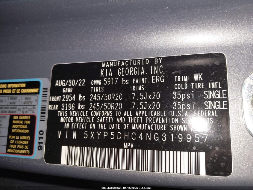 VIN 5XYP5DHC4NG319957 2022 KIA TELLURIDE SX