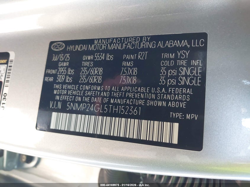 2026 HYUNDAI SANTA FE 2.5L I-4 DI, DOHC, V(VIN: 5NMP24GL5TH152361