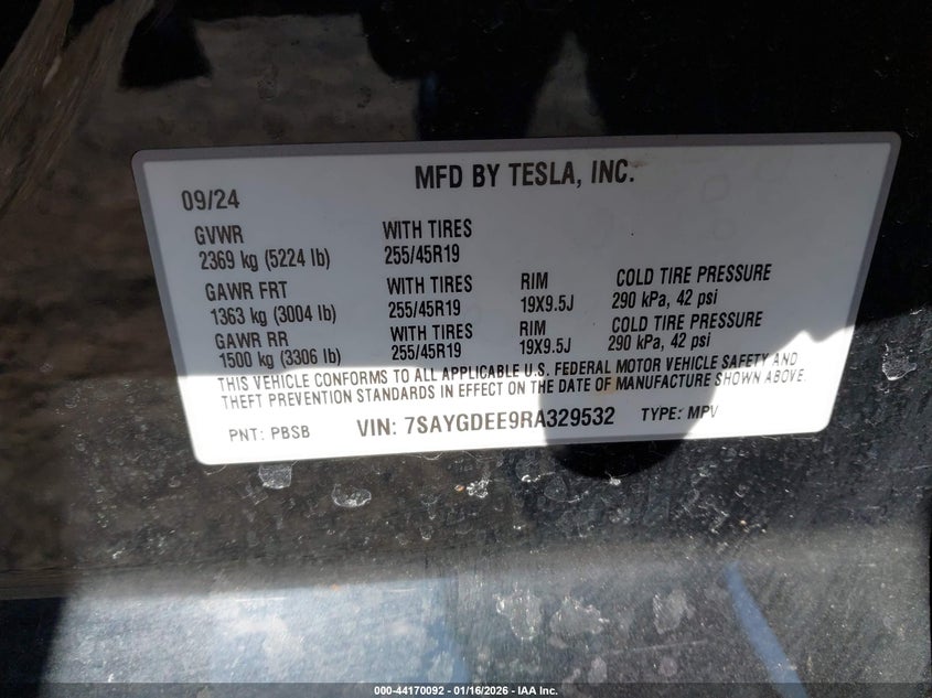 2024 TESLA MODEL Y ELECTRIC(VIN: 7SAYGDEE9RA329532