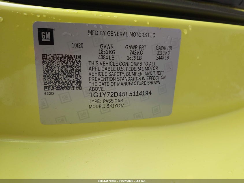 2020 Chevrolet Corvette Stingray Rwd 2Lt VIN: 1G1Y72D45L5114194 Lot: 44170337